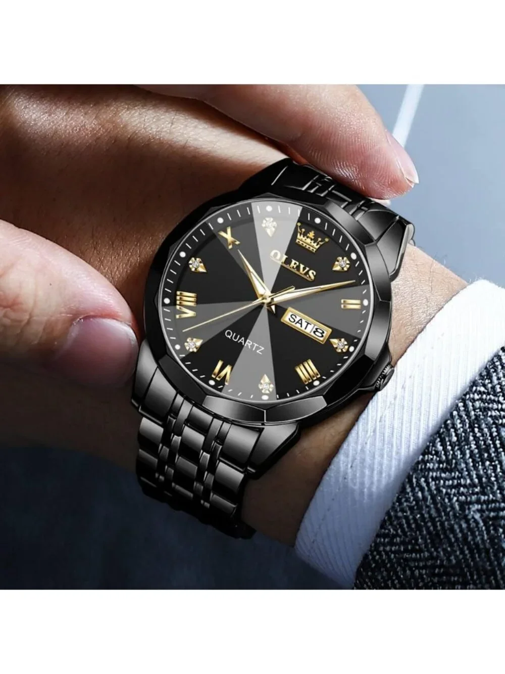 Mens Black Stainless Steel Classic Analog Quartz Diamond Waterproof Luxury Watch